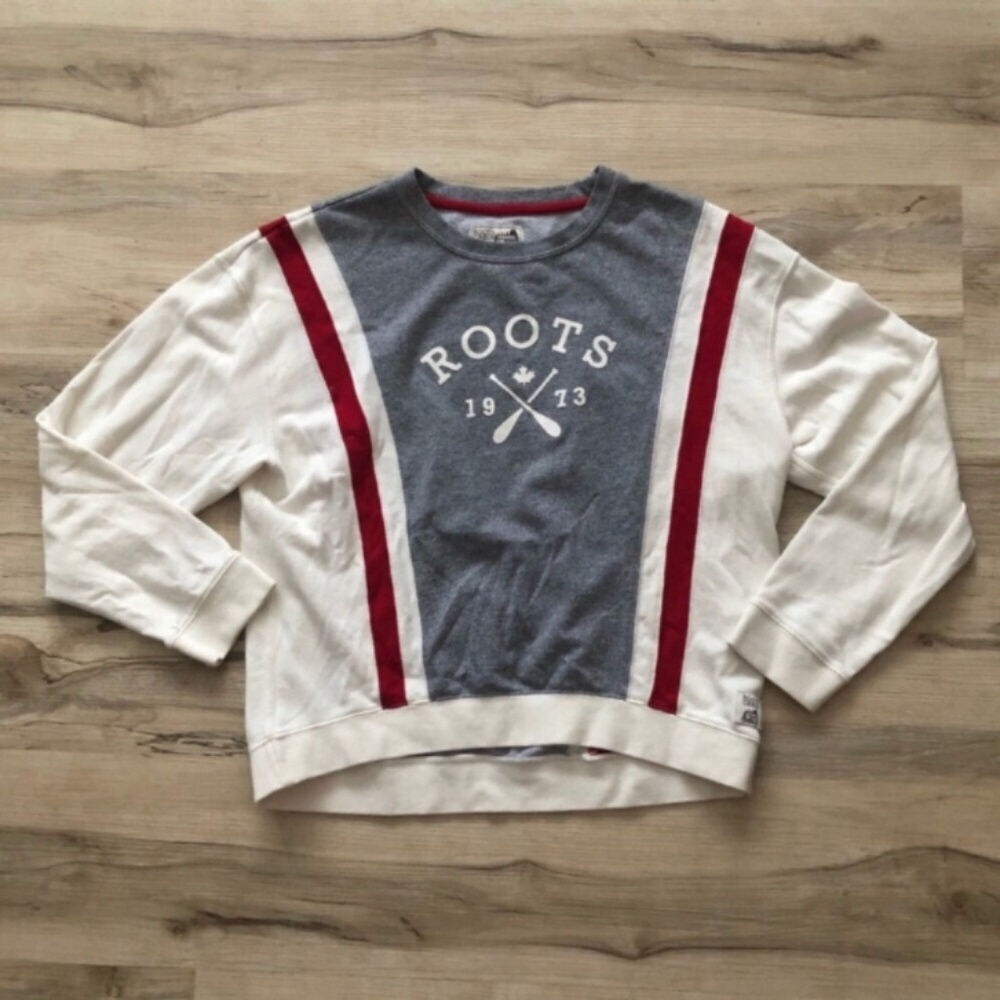 Roots Gray and White Sweatshirt with Red Accents